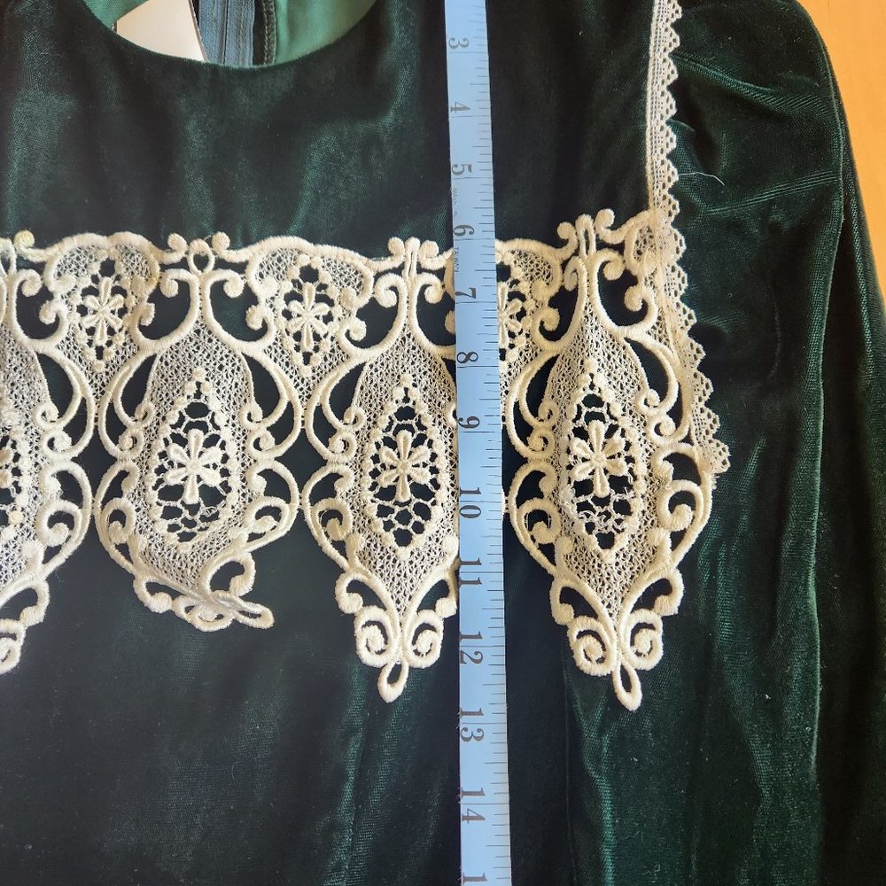 Jessica McClintock Gunne Sax 70s 80s Green Velvet Dress Lace Trim Collar Size 9 - Picture 3 of 6